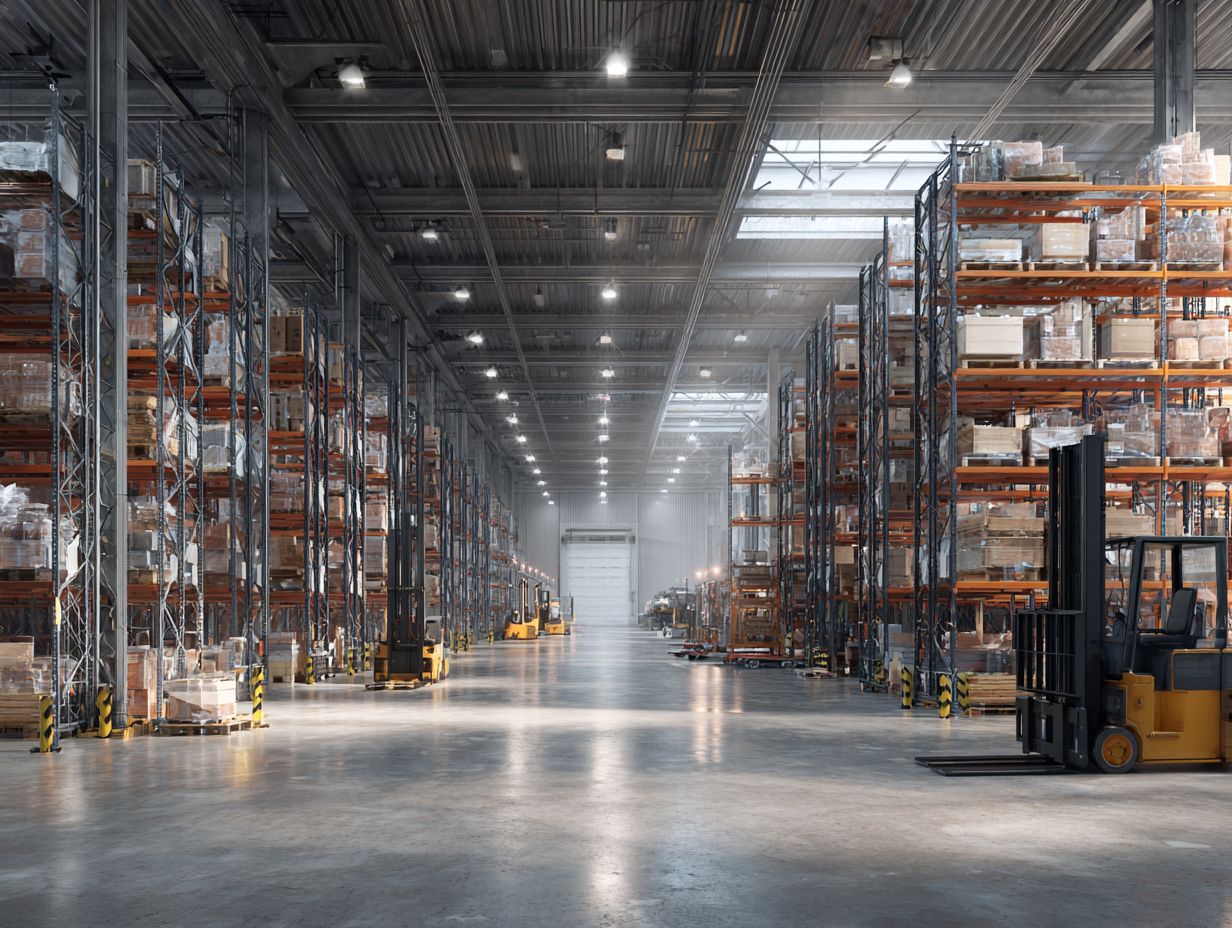 Wide warehouse aisle with yellow forklifts and tall storage shelving